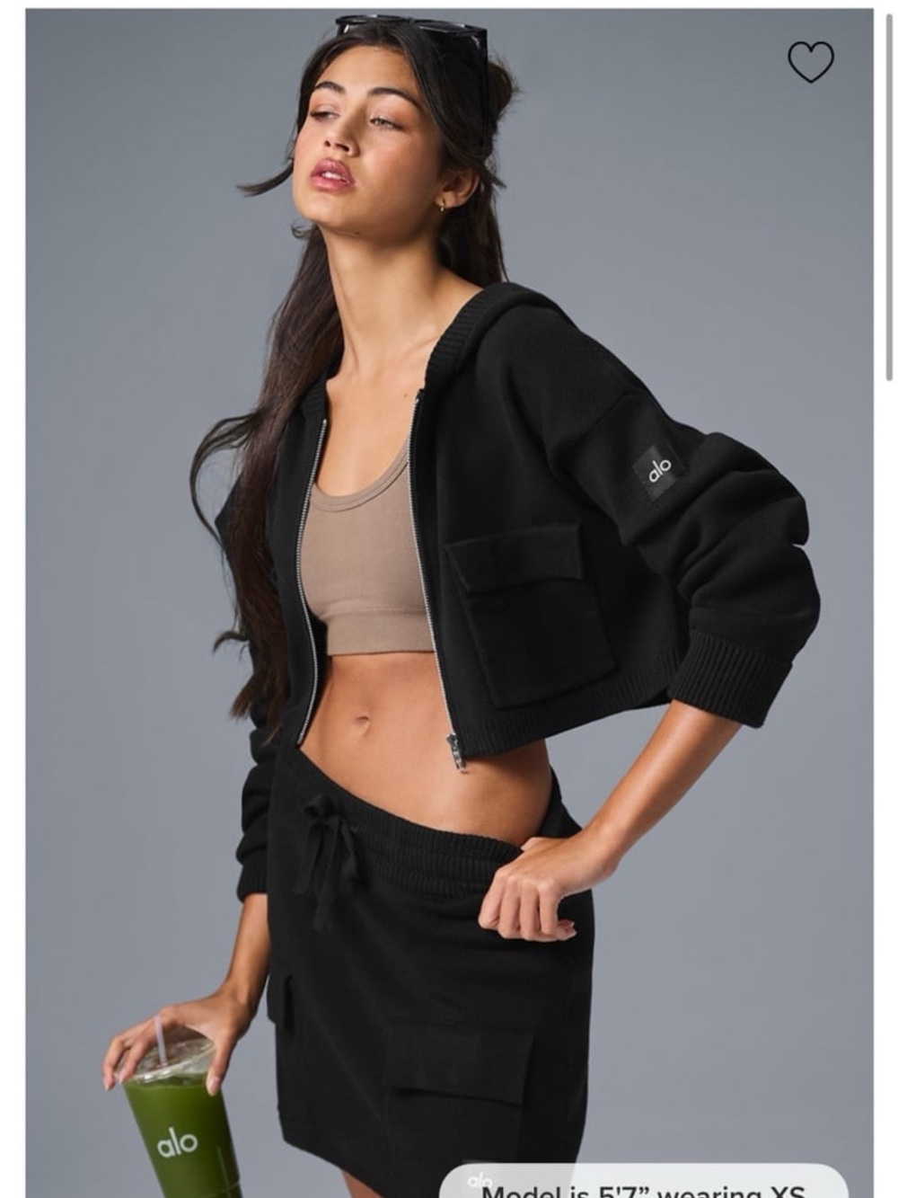 alo scholar knit cargo full zip hoodie and skirt set Black SET ONLY